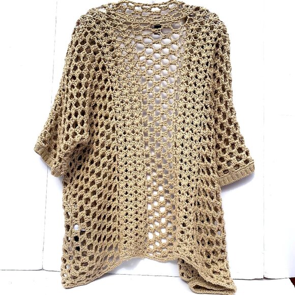 Women’s Chico’s Black Label Open Front Crochet Short Sleeve Sweater, Taupe/Metal - Picture 4 of 8